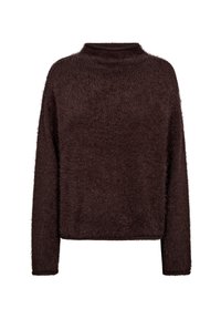 Brun, fluffig, oversize tröja med hög hals, långa ärmar och en mjuk textur. Enkel design utan synliga mönster eller dekorationer.