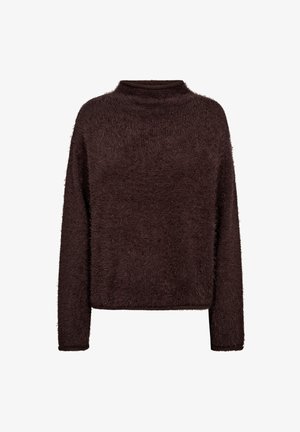 Brun, fluffig, oversize tröja med hög hals, långa ärmar och en mjuk textur. Enkel design utan synliga mönster eller dekorationer.