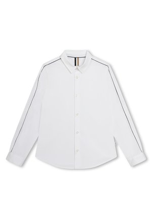 Chemise blanche à manches longues avec col pointu, fermeture à boutons et bordure noire sur les côtés. Fabriquée dans un tissu lisse avec une coupe décontractée.
