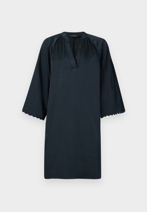 Marineblauwe tuniek met een v-hals, driekwart schulpmanchetten, gemaakt van een gladde stof, met een relaxte pasvorm en een minimalistisch ontwerp.