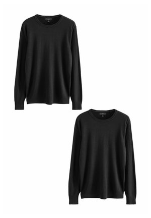 Suéter negro de manga larga con un escote redondo. Está hecho de un material de punto suave, presenta un corte regular y tiene puños y dobladillo acanalados.