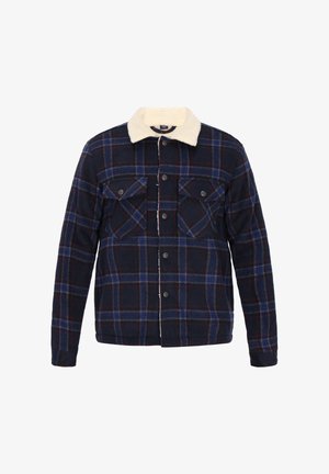 Sötétkék kockás dzseki, elefántcsont színű gyapjú gallérral, két mellzsebbel és fekete gombokkal ellátva, puha, texturált anyagból készült.