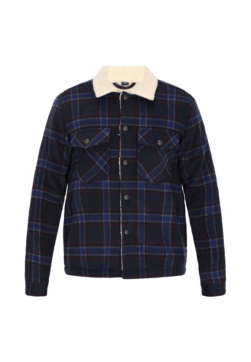 Mørkeblå ternet jakke med elfenbensfarvet shearlingkrave, udstyret med to brystlommer og sorte knapper, med et blødt, struktureret stof.