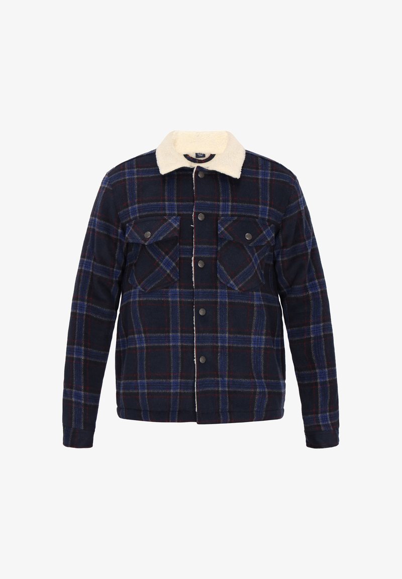 Mørkeblå ternet jakke med elfenbensfarvet shearlingkrave, udstyret med to brystlommer og sorte knapper, med et blødt, struktureret stof.