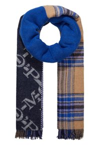 Écharpe en laine avec un côté uni bleu vif et l'autre côté à carreaux beige et bleu, présentant des extrémités à franges et un texte blanc sur fond sombre.