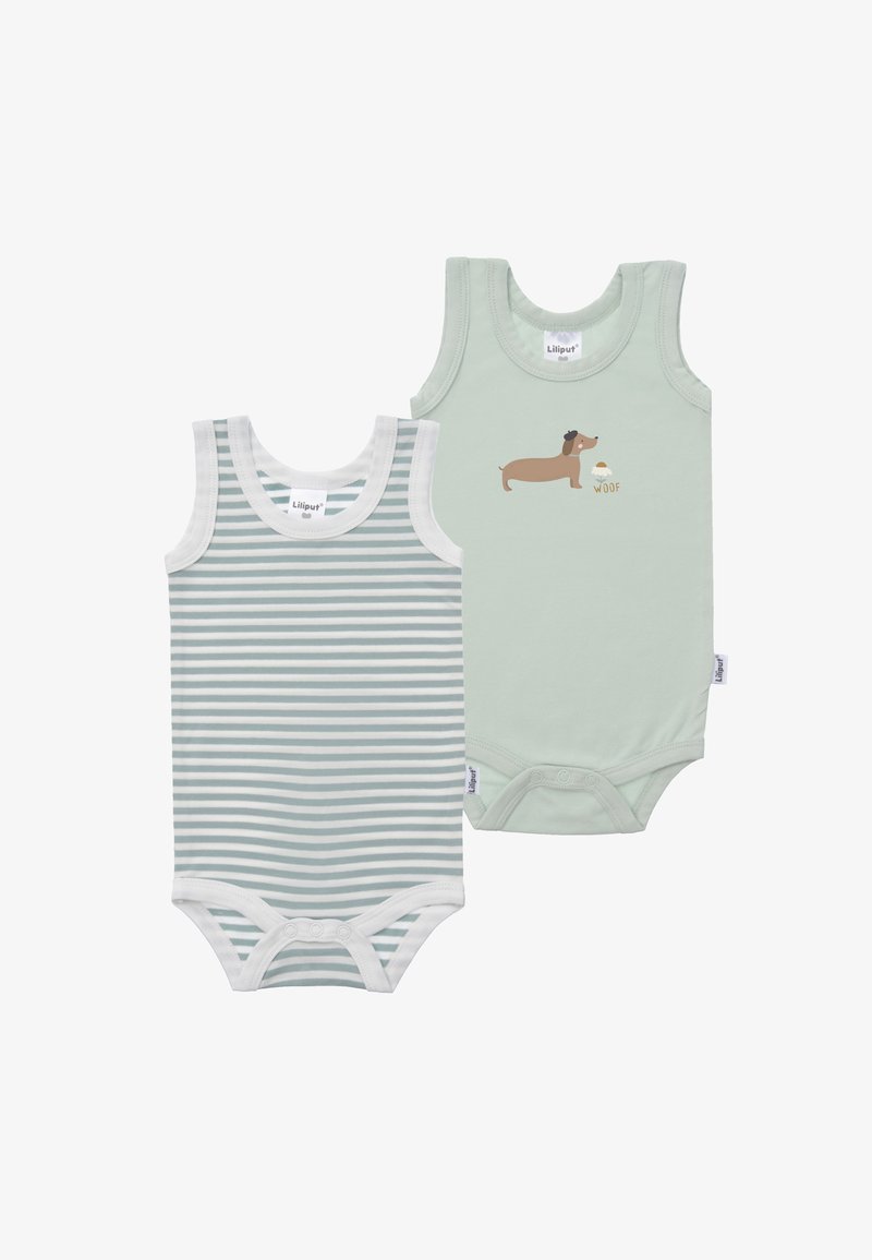 Zwei Babybodysuits: einer grün mit einem Dackel-Graphic und Text, der andere gestreift in Minzgrün und Weiß. Beide haben ärmellose Designs.