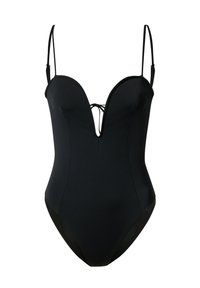 Schwarzer Badeanzug mit tiefem Ausschnitt, dünnen verstellbaren Trägern und einem Bindeband vorne. Glattes, elastisches Material.