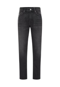 Zwarte denim jeans met een rechte pijp, vijf zakken en een knoopsluiting. De stof heeft een gladde textuur met subtiele vervaging.