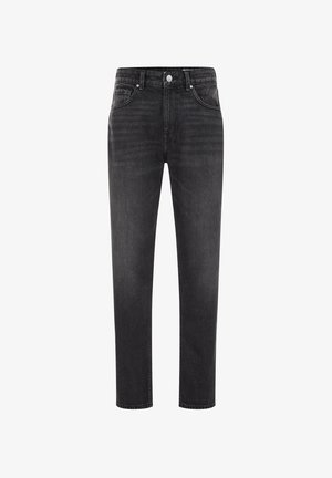 Czarne dżinsy o prostym kroju, pięć kieszeni, z zapięciem na guzik. Materiał ma gładką teksturę z delikatnym przeszarzeniem.