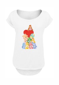 White short-sleeve shirt featuring colorful illustrated bears stacked with a large red heart. Soft, lightweight fabric with a relaxed fit.