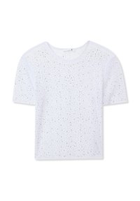 T-shirt bianco a maniche corte con scollatura rotonda, caratterizzato da borchie argentate disposte in un motivo sparso su tutta la stoffa.