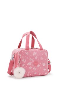 Borsa a spalla rettangolare rosa con motivi di stelle e comete bianchi, doppi manici, una cerniera e un portachiavi pompon piumoso attaccato.