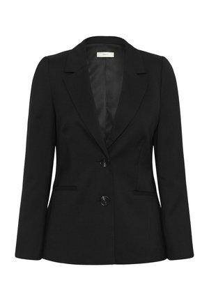 Juodas moteriškas pritaikytas švarkas su dviem priekiniais mygtukais, atlapų apykakle su įpjova, ilgomis rankovėmis ir dviem priekinėmis kišenėmis.