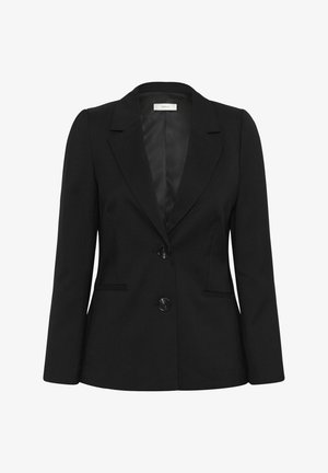 Blazer nero su misura da donna con due bottoni anteriori, bavero a lancia, maniche lunghe e due tasche anteriori a filetto.