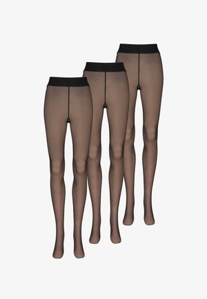 Conjunto de medias negras transparentes, con una cinturilla ancha negra y acabado liso. Se muestran tres pares, destacando la textura uniforme y transparente.