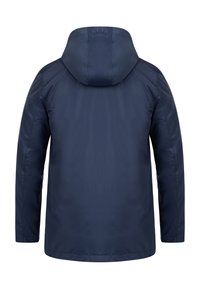 Marineblå hættetrøje med en glat tekstur, elastiske manchetter og en lige kant. Har et minimalistisk design uden synlige logoer.