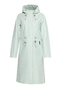 Light mint green waterproof coat with long sleeves, adjustable hood, drawstring waist, and side pockets. Smooth texture and minimal branding.