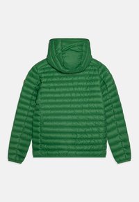 Giubbotto imbottito verde con cappuccio. Presenta una texture trapuntata, polsini elasticizzati e un'accento con logo sulla spalla sinistra.