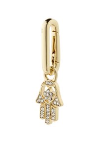 Guldtonet charm med et hamsa-hånd design, prydet med klare krystaller, der viser detaljerigdom og en glat finish.