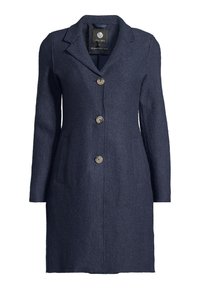 Marineblauer Wollmantel mit Reverskragen, fünf Knöpfen, zwei seitlichen Taschen und einer strukturierten Stoffoberfläche. Mittellang mit taillierter Passform.