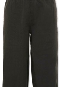 Czarne spodnie o prostych nogawkach z widocznym przeszyciem na przedniej części i gładką teksturą tkaniny.