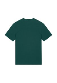 Dunkelgrünes Baumwoll-T-Shirt, kurze Ärmel, Rundhalsausschnitt, einfarbig ohne Grafik oder Muster, glatte Textur, schlichte Rückansicht.