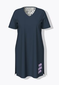 V-neck, short-sleeve, navy dress made of smooth fabric featuring a floral patterned interior and three purple text patches on the side.