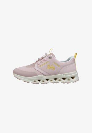 Light pink sneaker with mesh upper, yellow accents, white cushioned sole with triangular cutouts, and lace-up closure.