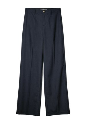 Pantalons larges bleu marine à rayures verticales, dotés d'une fermeture à bouton sur le devant, de passants de ceinture et d'une finition en tissu lisse et texturé.
