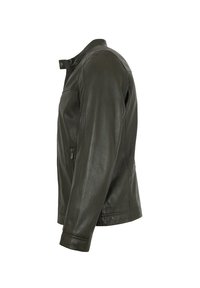 Dunkelgrüne Lederjacke mit einem eleganten Design, ausgestattet mit einem Stehkragen, seitlichen Reißverschlusstaschen und minimalen Nähdetails.