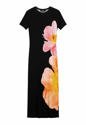 Vestito nero a coste con maniche corte, caratterizzato da grandi stampe floreali rosa e arancioni sul lato sinistro. Semplice scollo rotondo, lunghezza al ginocchio.