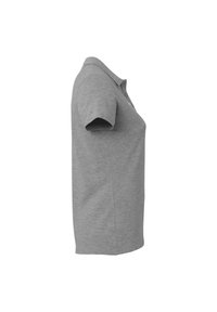 Grijze polo met korte mouwen, met een kraag en knopenrij, zijaanzicht op een effen witte achtergrond.
