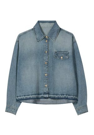 Light blue denim jacket with long sleeves, pointed collar, front buttons, and a single buttoned chest pocket on the left side.
