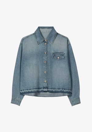 Light blue denim jacket with long sleeves, pointed collar, front buttons, and a single buttoned chest pocket on the left side.