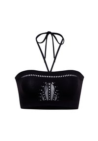 Svart bandeau bikiniöverdel med justerbara snören, med utskärningar och ett lager av textur mönster i mitten.