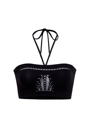 Top bikini bandeau nero con lacci regolabili, caratterizzato da dettagli a taglio e un motivo testurizzato a strati al centro.