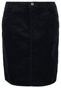 Schwarzer Cord-Rock mit geradem Schnitt, ausgestattet mit einem Frontknopfverschluss und zwei seitlichen Taschen. Glatte Textur und mittellanges Design.