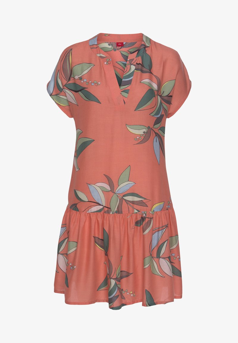 Kratka rokavica koralne barve z V-izrezom, ki ima cvetlični vzorec v zelenih in modrih listih. Ima nabrano rob na krilu.