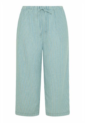 Lichtblauwe en witte verticale gestreepte cropped broek met elastische tailleband en vooraan trekkoord voor verstelbare pasvorm.