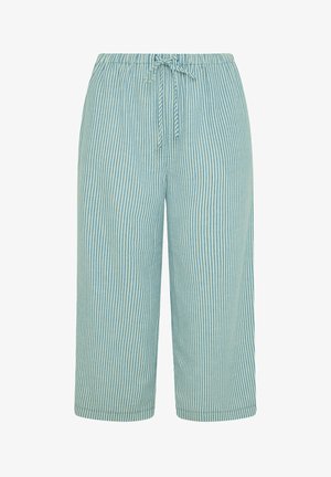 Hellblaue und weiße, vertikal gestreifte, kurze Hosen mit elastischem Bund und vorderer Kordel zur verstellbaren Passform.