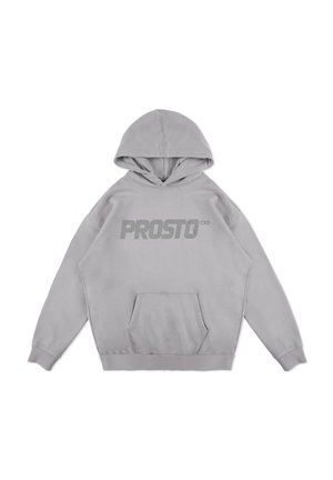 Szara bluza z kapturem z kieszenią kangurzą i wyrazistym logo "PROSTO" z przodu. Miękka tkanina i luźny krój.