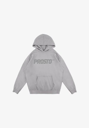 Szara bluza z kapturem z kieszenią kangurzą i wyrazistym logo "PROSTO" z przodu. Miękka tkanina i luźny krój.