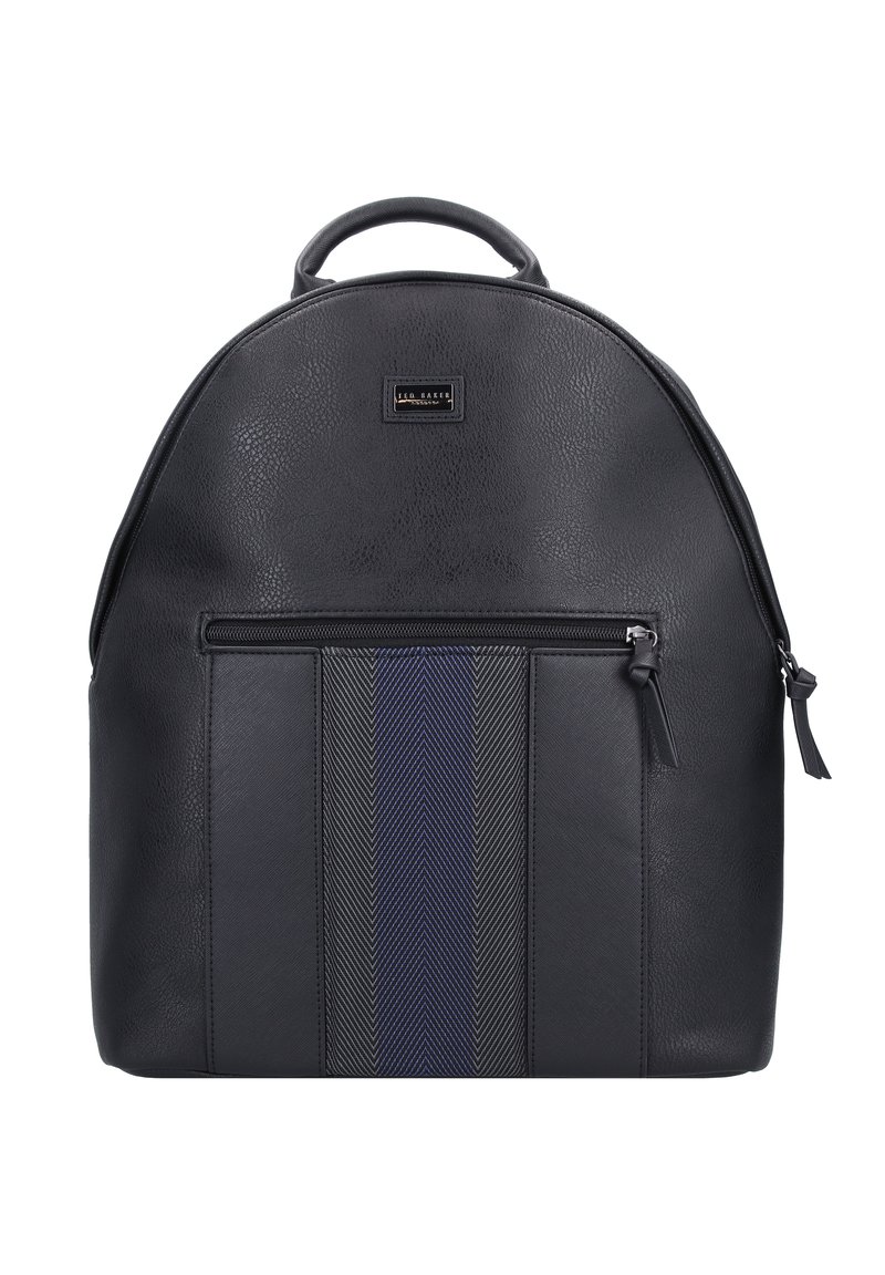 Musta nahkareppu, jossa on pyöreä muoto, etupanelissa vetoketjullinen tasku ja teksturoitu raidoitus sinisessä ja harmaassa. Kahva ylhäällä.