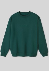 Sweatshirt en coton vert avec un col rond côtelé, des manches longues et un logo brodé sur la poitrine. Il dispose d'une taille et de poignets ajustés.