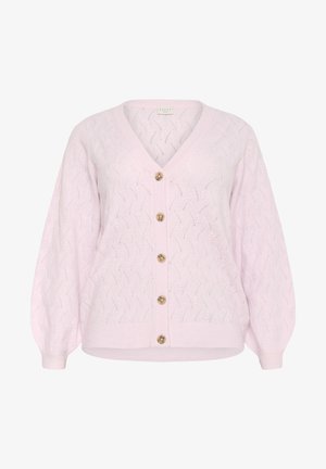 Vaaleanpunainen neulecardigan, jossa on V-pääntie, tekstuurinen kuvio ja viisi pyöreää kultakuvioista nappia edessä. Pitkät, pallomaiset hihat.