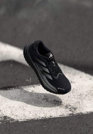 Black running shoe with a mesh upper, featuring gray accents, a textured toe, and a Gore-Tex label. It has a cushioned sole, ideal for outdoor use.