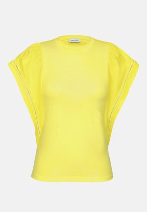 Gelbes Kurzarmoberteil aus leichtem Stoff. Verfügt über puffärmel mit transparenten Akzenten und einem runden Ausschnitt. Einfaches, klares Design.