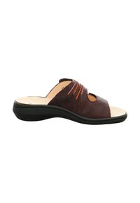 Braune Leder-Sandale mit offener Zehe und durchbrochener Gestaltung, ausgestattet mit mehrfarbigen dekorativen Nähten und einer gepolsterten schwarzen Sohle.