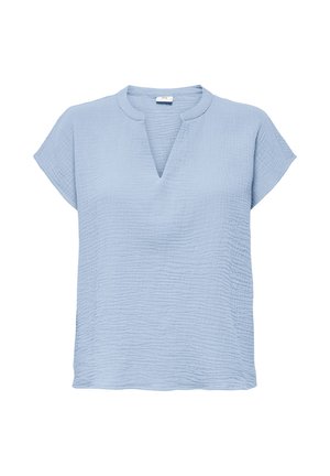 Blusa a maniche corte azzurro chiaro con texture, scollo rotondo e piccola apertura frontale a V.
