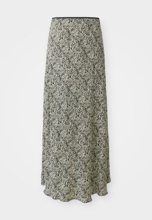 Svart och off-white midi kjol med ett vågformat mönster, slät textur och en scallopad kant; tillverkad av lättviktsmaterial.